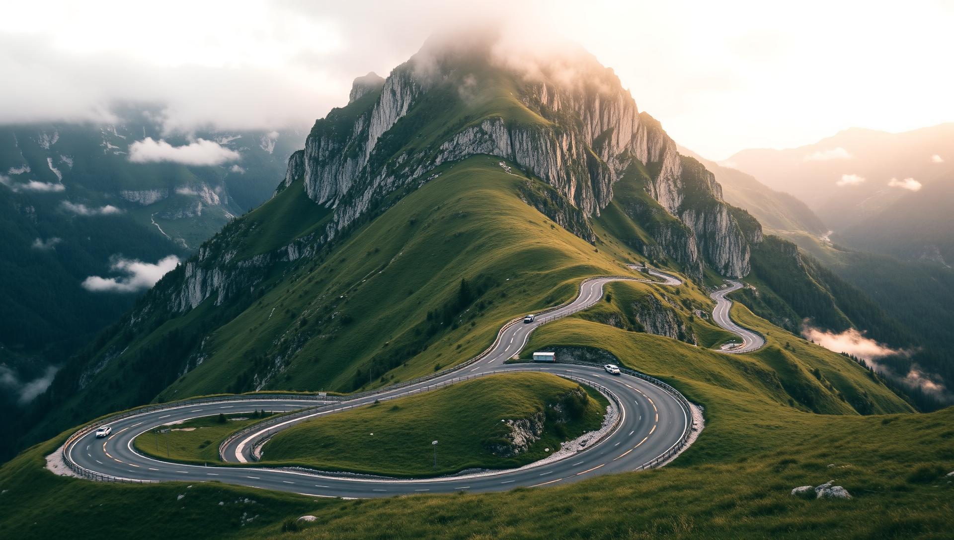 A road carved into a mountainside at dawn